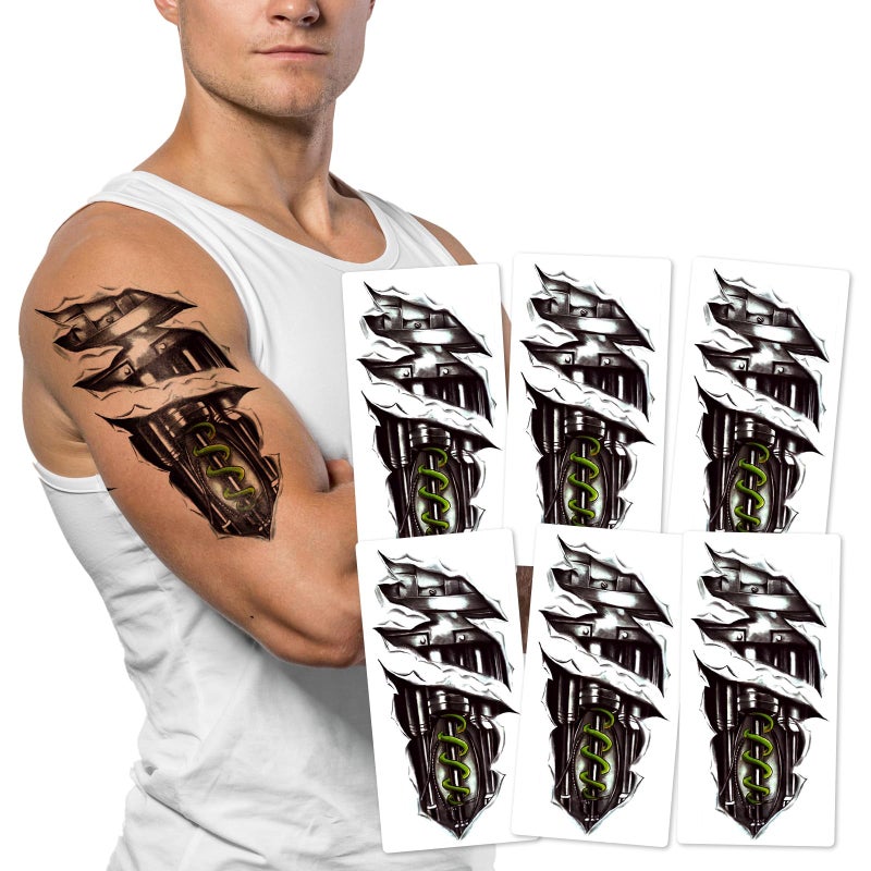 Kotbs 6-Sheet Mechanical Arm Temporary Tattoos for Men Women and Teens â€“ Realistic Waterproof Fake Tattoos for Halloween Cosplay Festivals and Parties - Image 1